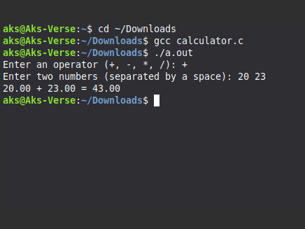 Screenshot of the C command-line calculator